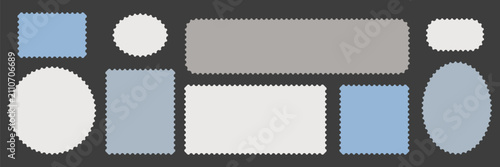 Postage stamp shape collection. Solid perforated rectangle with clean scalloped edge, blank label template and flat vector design.