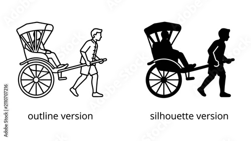 Canvas Print Rickshaw Driver and Passenger: A man pulls a rickshaw with a seated passenger, presented in both an outline and a silhouette version, illustrating a mode of transport