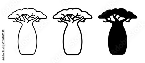 Baobab tree icons set, African nature vector illustrations, black silhouette and outline baobab symbols