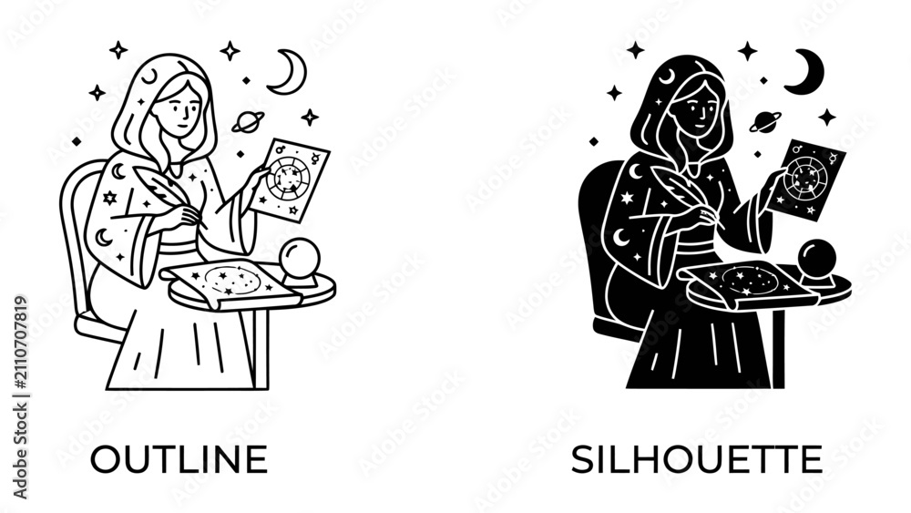 Naklejka premium Mystical Fortune Teller: A woman draped in a hooded robe, surrounded by celestial symbols, interprets a mystic chart with a quill, while a crystal ball sits nearby.