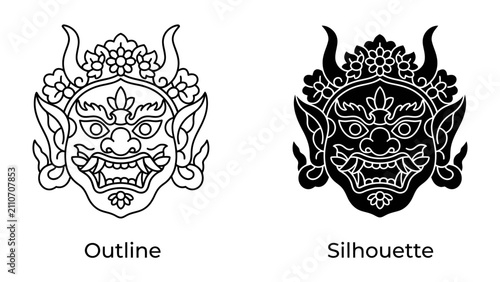 Obraz na płótnie Mysterious Mask Designs: A dual display of a traditional demon mask, presented in both an intricate outline and a bold silhouette, showcasing cultural artistry and symbolic representation