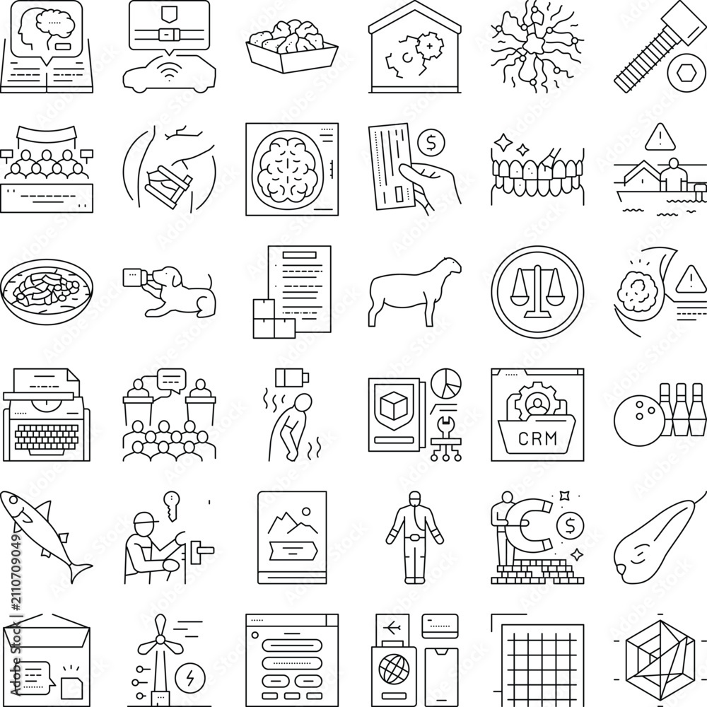 Fototapeta premium Set of numerous outline icons depicting a wide range of subjects, including technology, business, human conditions, abstract ideas, and everyday objects, all isolated on a white background