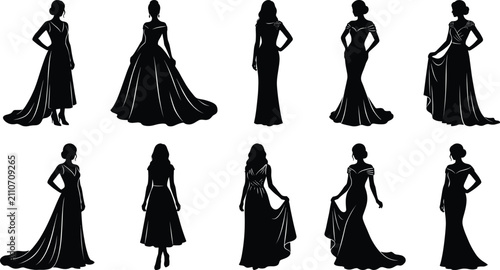 Bild auf Leinwand Vector set of elegant female silhouettes wearing sophisticated evening gowns and