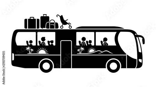 Tour Bus Silhouette With Passengers And Luggage On White Background