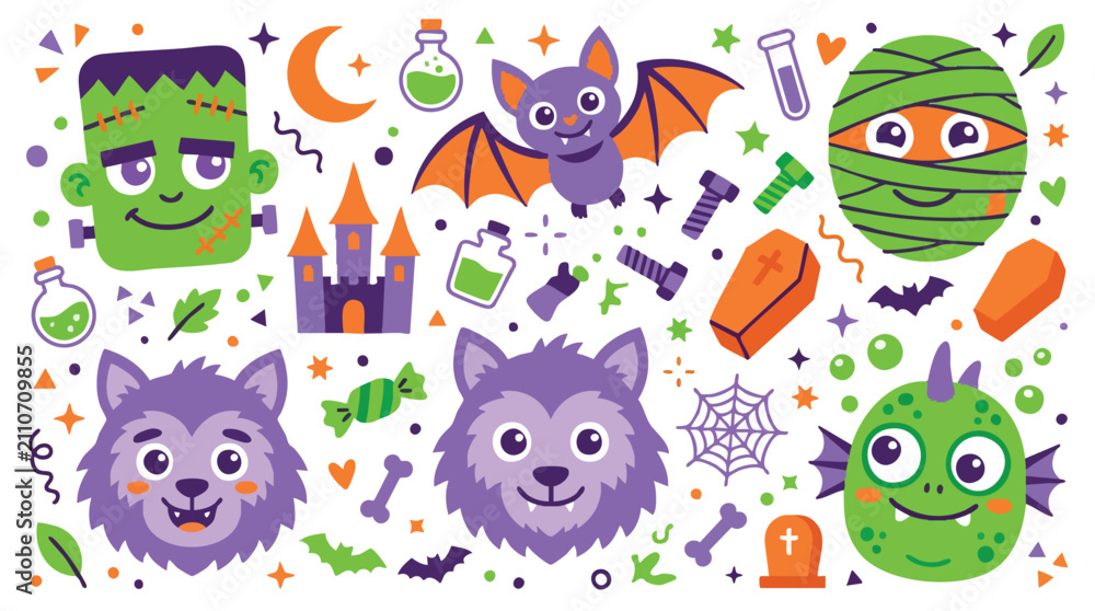 Naklejka premium Cute Halloween Monsters and Spooky Icons Vector Illustration Set