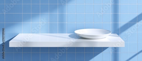 Minimalist White Shelf with Bowl Against Blue Tiled Wall and Dramatic Sunlight Shadows