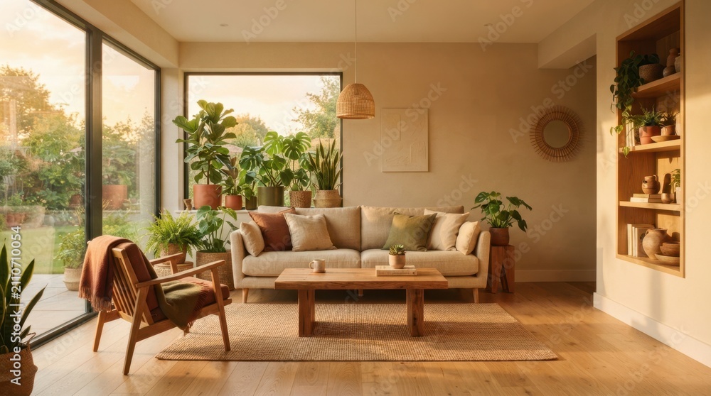 Fototapeta premium Cozy living room filled with lush green houseplants and bathed in warm sunset light