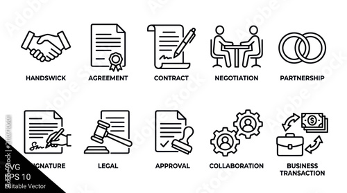 Fotografie Business agreement and legal contract line icons.