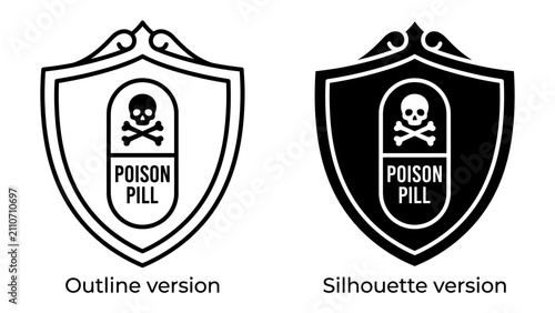 Quadro su tela Poison Pill Symbol: Two shield icons, one outlined and one silhouetted, display a skull and crossbones within a capsule labeled POISON PILL, representing a corporate defense strategy or danger