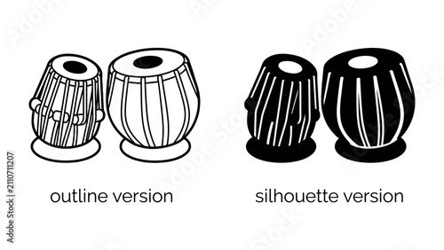Konstfotografi Tabla Outline and Silhouette: A graphic illustration showcases the tabla drum set in two distinct styles: a clean outline version and a solid silhouette version, representing versatility in design