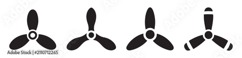 Schilderij op canvas Black silhouette icons of aircraft propellers and boat rotors in various shapes arranged in row on transparent base