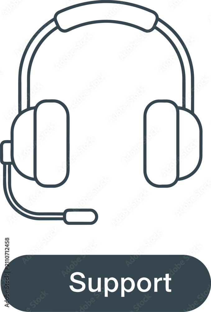 Fototapeta premium Minimalist line art illustration of a professional headset with a microphone and a customer support label below