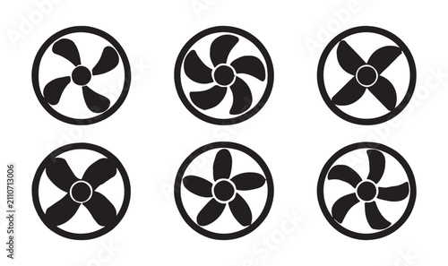 Circular fan icons in black outline, featuring different blade arrangements for ventilation and cooling concepts.