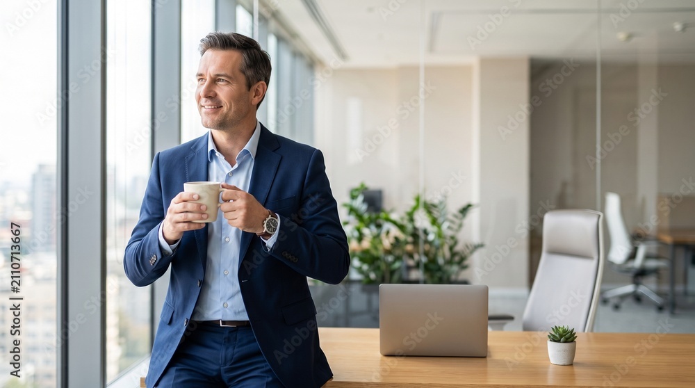 Fototapeta premium Successful businessman holding coffee cup in modern office looking out window for corporate leadership and career growth