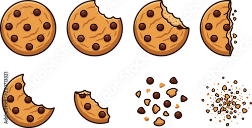 Chocolate Chip Cookie Vector Evolution Set Featuring Whole Bitten Half Broken Pieces Chips and Scattered Crumbs for Bakery and Dessert Branding Graphic Designs