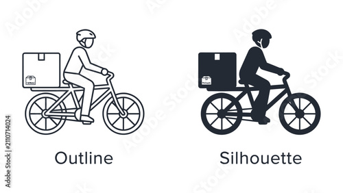Delivery Rider Icon: A simple and clear illustration of a delivery rider on a bicycle, depicted in both outline and silhouette styles, carrying a package on the rear rack.
