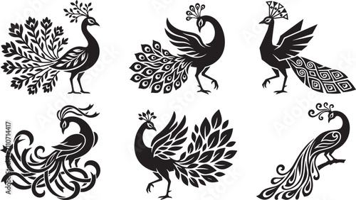 Elegant peacock silhouette collection, set of 6 decorative bird icons. Stylized peacock vector illustrations with ornate feathers and floral patterns