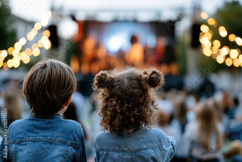 Children Watching Outdoor Movie Under Evening Lights