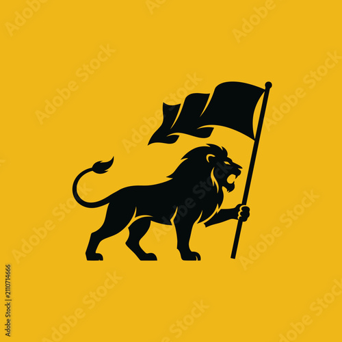 Lion silhouette holding flag logo on yellow background.