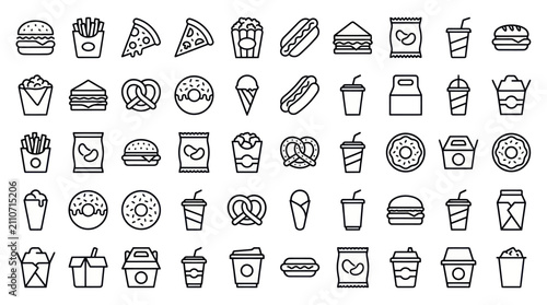 Fast food and snack thin line icon collection.