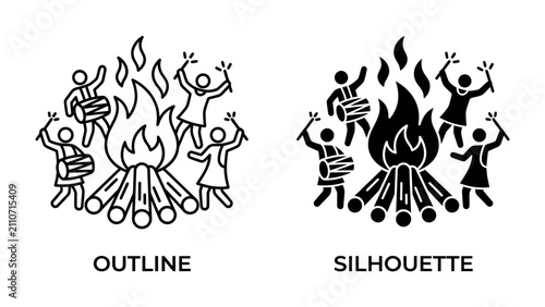 Foto Celebration Around a Bonfire: Two stylized depictions, an outline and a silhouette, illustrate a festive scene of people dancing and playing drums around a blazing bonfire