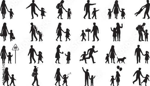 Set of black silhouettes showing parents and children interacting, walking, playing, and holding hands in various daily life activities