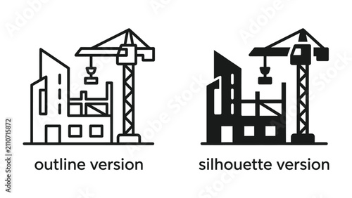 Konstfotografi Construction Icons: Two distinct icons representing a construction site, featuring a crane and incomplete building structures, available in both outline and silhouette versions