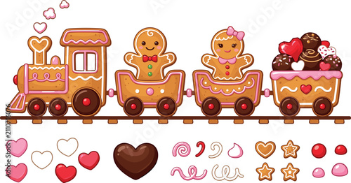 Gingerbread Train Vector Set with Cute Man and Woman Cookie Characters Chocolate Candy Hearts and Frosting Decor for Christmas and Valentine Holiday Designs