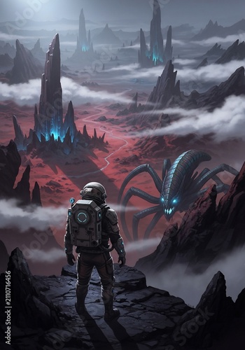 Alien Planet Encounter: Astronaut faces eerie, glowing creature amidst red mist and jagged spires. Digital art, Sci-fi.