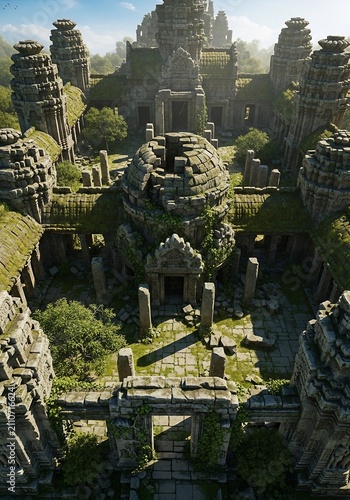 Sun-drenched jungle temple ruins: ancient stone bathed in golden light, nature reclaiming lost grandeur.