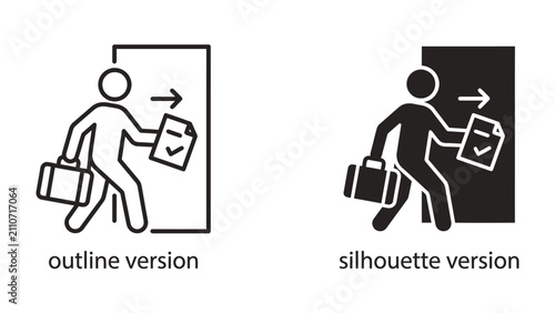 Принти на полотні Businessman exiting through doorway, carrying briefcase and document, outline and silhouette versions