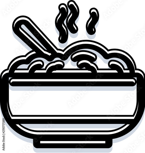 Obraz na plátne Hot steaming bowl with spoon, monochrome vector icon representing soup, porridge