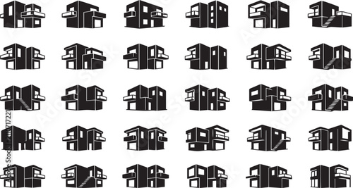 Set of thirty black and white isometric house featuring various architectural layouts with balconies, stairs, and flat roofs