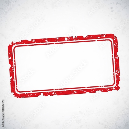 Vintage red rubber stamp graphic, textured grunge border, blank white space for your message.