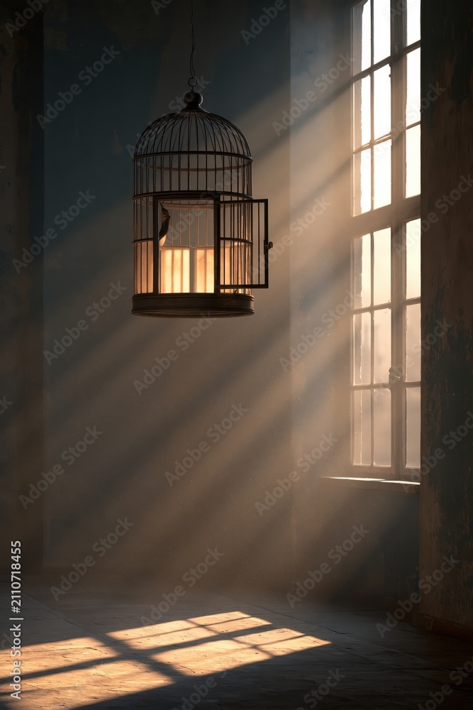 Obraz premium Empty antique birdcage with open door, freedom and new beginning concept