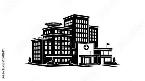 Black Hospital Building Complex Silhouette Vector Icon Isolated on White

Modern Medical Center Hospital Building Silhouette Symbol for Healthcare

Healthcare Hospital Building Complex Graphic Silhoue