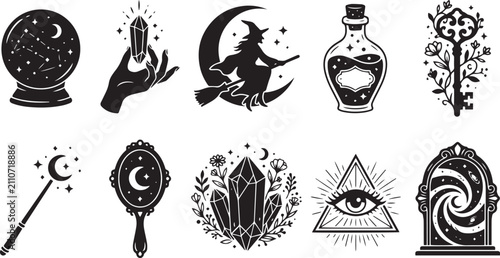 Schilderij op canvas Collection of hand drawn occult and mystical symbols featuring magic items in a