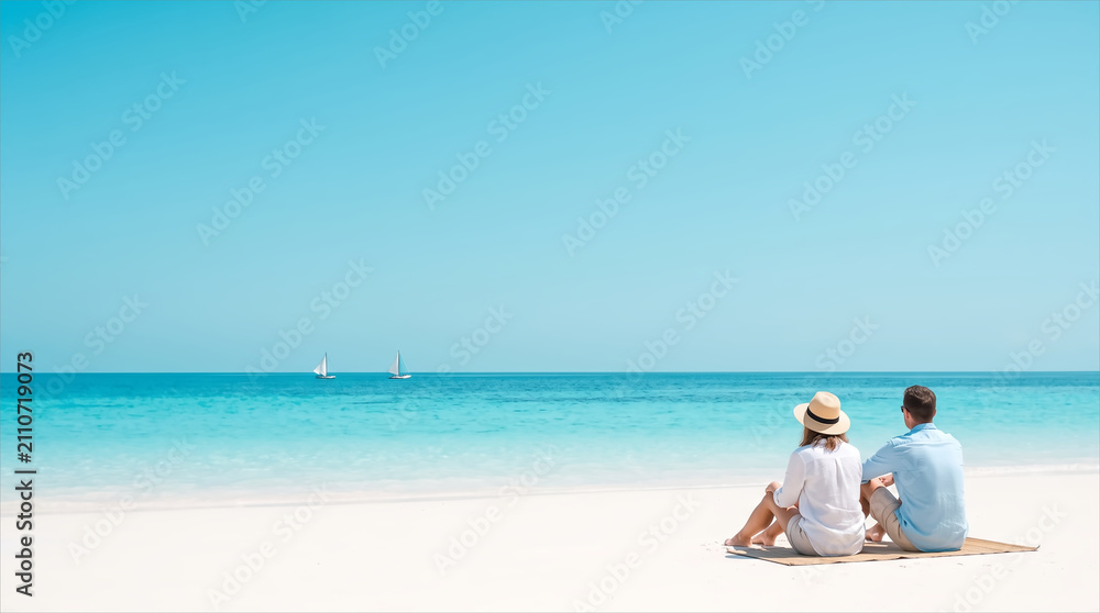 Fototapeta premium Couple sitting on white sand beach watching distant sailboats