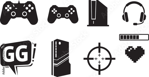 Video game icon set with controllers and consoles, black gaming hardware silhouettes, 8 digital entertainment vector elements for esports and streaming