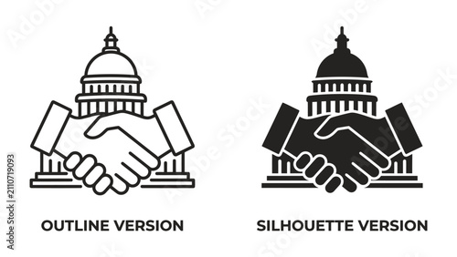 Konstfotografi Governmental Agreement and Deal: Two graphic representations, one an outline and the other a silhouette, depict a handshake in front of a building resembling a capitol