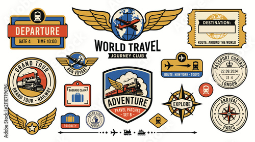 Vintage travel patches and adventure stickers set, retro luggage labels with airplane and train icons, world travel journey club vector collection
