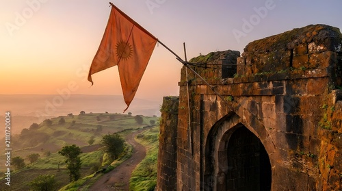 Saffron flag waving on an ancient Indian fort rampart at sunrise
