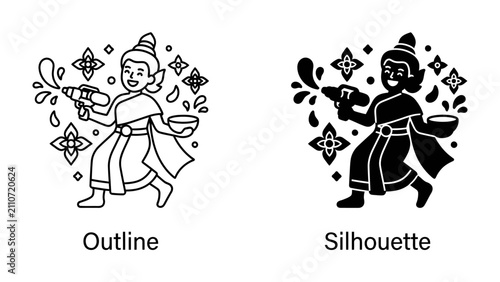 Canvastavla Songkran Festival Celebration: Two artistic representations, one in outline and the other in silhouette, depict a joyful person celebrating Songkran, the Thai New Year, with a water gun and bowl