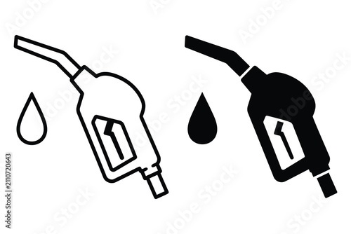 Fuel pump nozzle icons with oil drops in outline and solid black graphic style