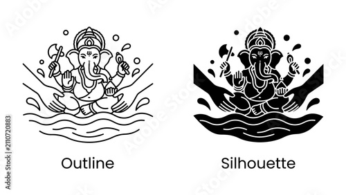 Obraz na plátně Ganesh Icon: Two artistic representations of the Hindu deity Ganesh, one in outline and the other as a silhouette, are depicted amidst water ripples, symbolizing divine presence and cultural heritage