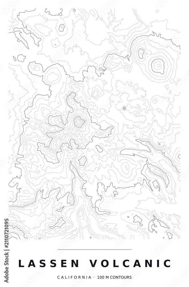 Obraz premium Lassen Volcanic National Park Contour Map, Editable Black Vector