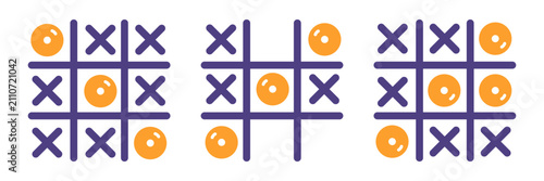 Tick Tack Toe birght color set. Game strategy. Vector