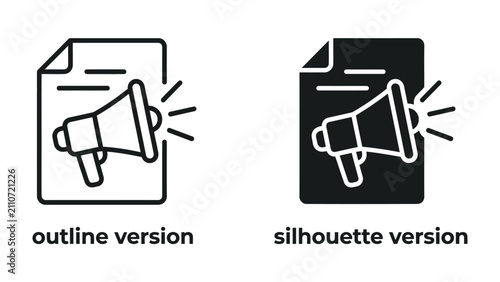 Fotografie Megaphone and Document Icon Set: This graphic resource features two icon designs, an outline version and a silhouette version, representing a megaphone and a document