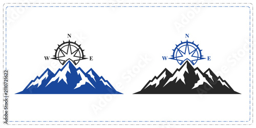 Mountain peak icons with compass navigation symbol for travel and hiking adventure design sets
