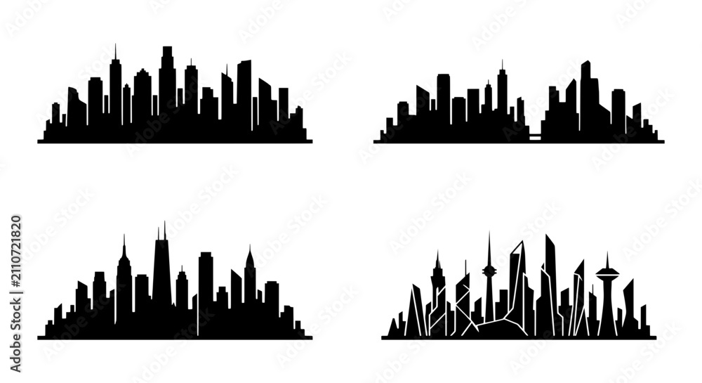 Obraz premium Diverse Cityscape Silhouettes, Urban Skylines, Modern Architecture, Business District Views, 4 Vector Collections